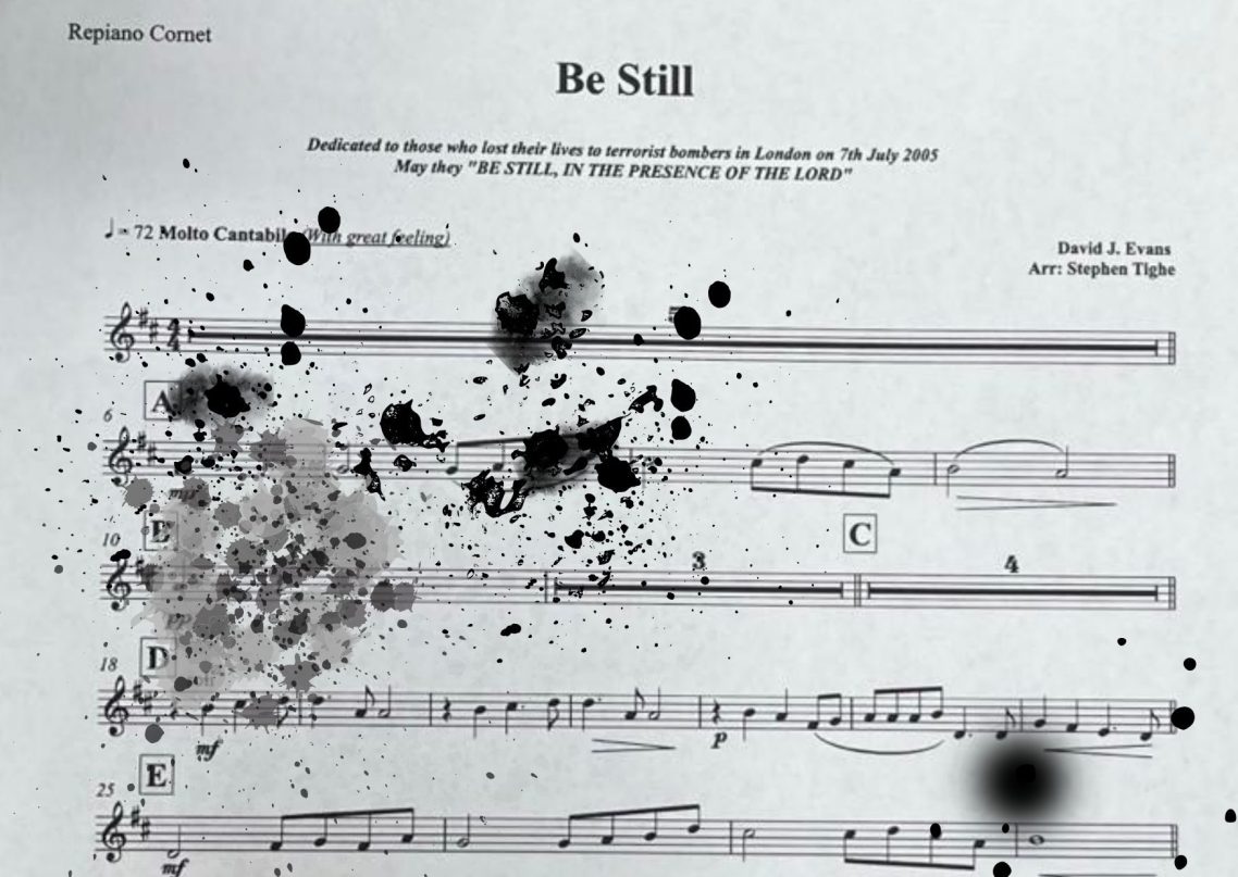 We can't reproduce what Diane sees accurately this image gives a good indication of sheet music viewed by someone with diabetic retinopathy